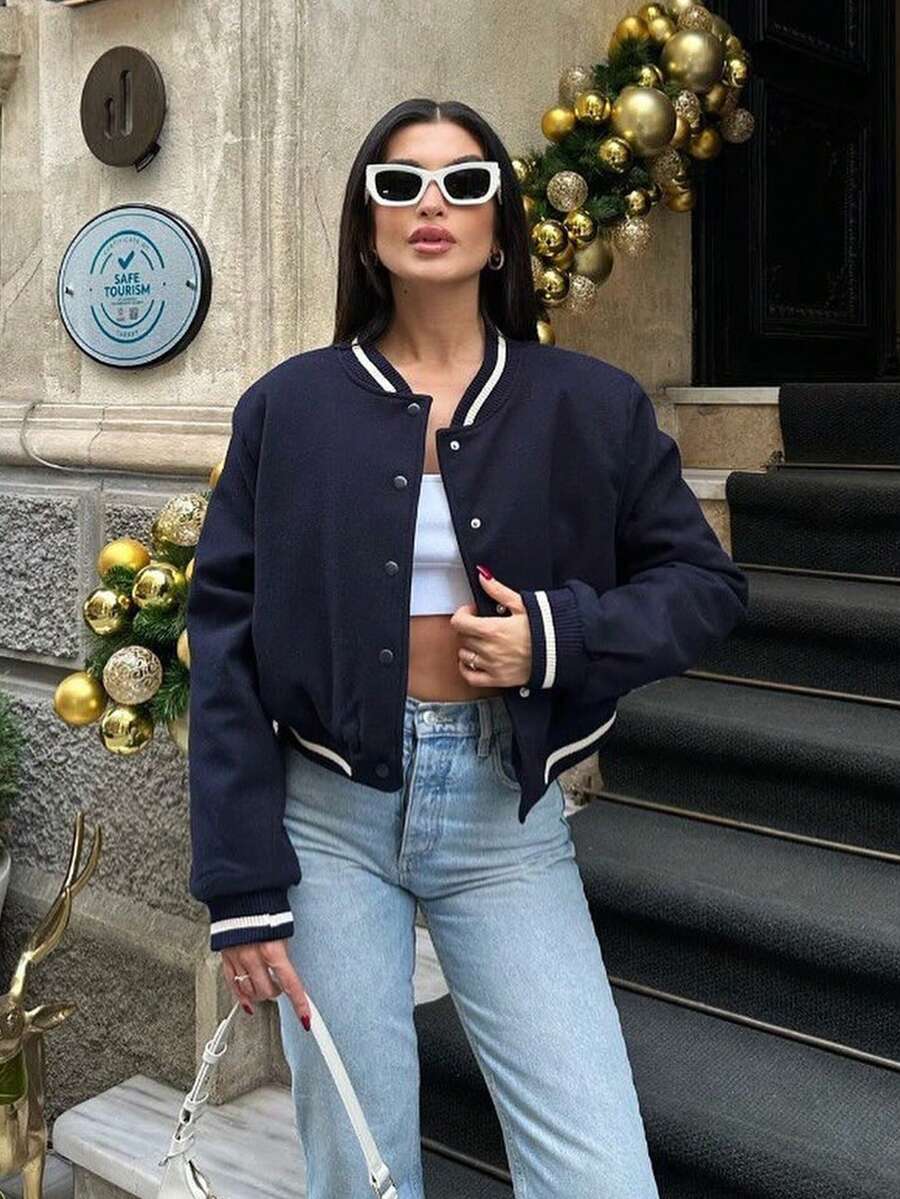 Chaqueta bomber azul marino holgada para mujer - Primavera con cuello alto, manga larga, botones delanteros, estilo callejero elegante con bolsillos - azul real - Ver 1
