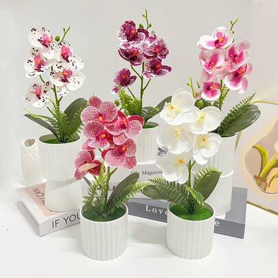 1株仿真蝴蝶兰 - 逼真质感蝴蝶兰盆栽，仿真兰花装饰，适用于家居、酒店、办公桌，配有塑料花盆