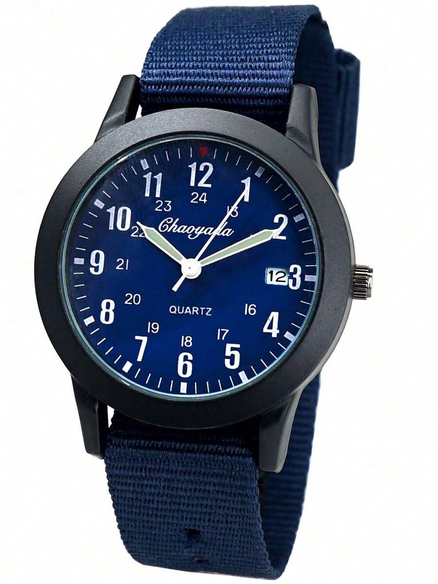 1pc Nylon Braided Band 24 Hour Numeric Scale Watch With Date Display, Waterproof Quartz Watch For Boy And Girl, Students Time Learning Gift - Navy Blue - View 1