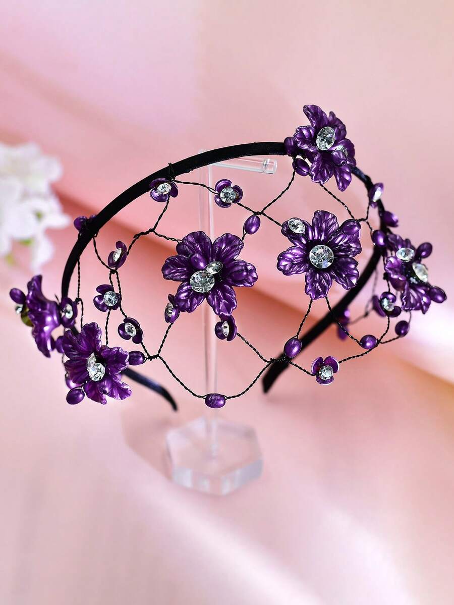 1个闪亮水钻紫色花朵发箍，镂空公主风宽发箍，适合新娘、伴娘、派对、节日、休闲场合佩戴 - 紫色 - 查看 1