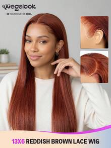 MEGALOOK 红棕色直发升级版 13x6 三合一™ 无胶假发 透明蕾丝前额真人发 无需胶水，自然发际线，丝滑直发真人发假发，配有可调节抽绳假发帽，180% 密度 - S33 - 查看 1