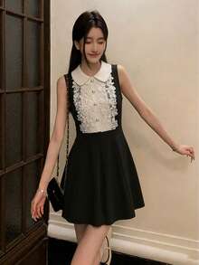 黑色蕾丝领无袖连衣裙，夏季小黑裙 - 黑色 - 查看 2