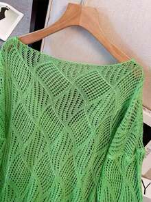 Women's V-Neck Hollow Rhombus Design Loose Knit Cover Up, Lightweight Breathable Cover-Up For Beach & Holiday, Spring/Summer Vacation - Pink - View 9