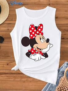 Disney Áo không tay nữ, in hình chuột Minnie, áo vest nữ thời trang thường ngày, cổ tròn, co giãn nhẹ, phù hợp mặc hàng ngày, chất liệu dễ giặt ủi, áo hai dây nữ thường ngày. - trắng - Xem 1