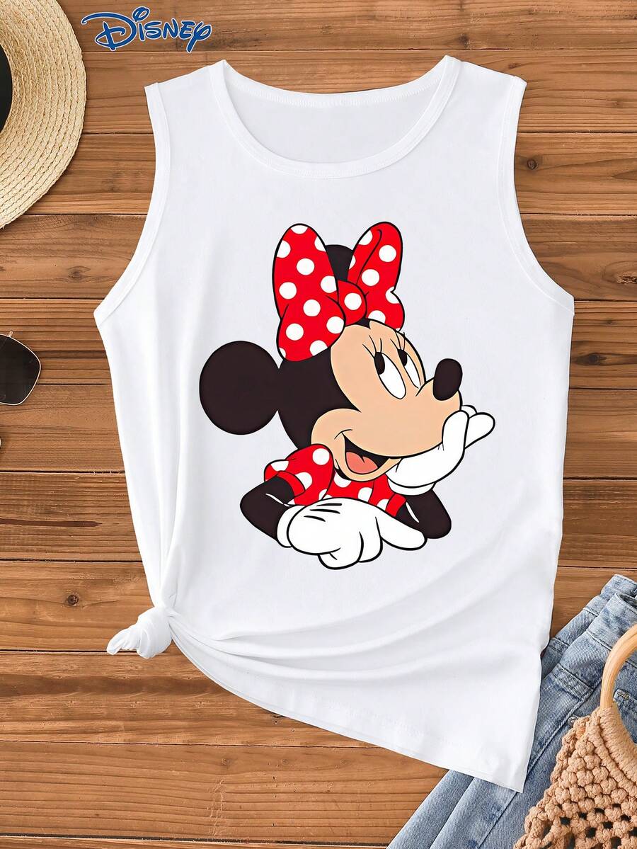 Disney Áo không tay nữ, in hình chuột Minnie, áo vest nữ thời trang thường ngày, cổ tròn, co giãn nhẹ, phù hợp mặc hàng ngày, chất liệu dễ giặt ủi, áo hai dây nữ thường ngày. - trắng - Xem 1
