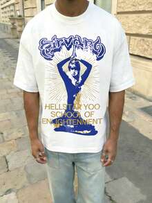 FRACTYR Men's Graphic Tee, Casual Street Style, Loose Fit Round Neck Pattern T-Shirt, Summer - White - View 3