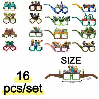 Minecraft Themed Party Decoration Set - Pixel World Glasses Headband, Steve, Alex, Suitable For Birthday, Halloween, Christmas Party, Christmas Home Decor, Christmas Gift, Christmas Decoration