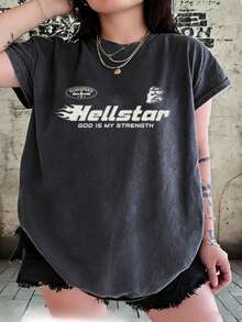 Hellstars Godspeed God Is My Strength Retro Washed Print Round Neck Short Sleeve T-Shirt, 230g 100% Cotton T-Shirt, Summer Clothes, Women's Tops, Casual And Comfortable, Fashionable Graphic Tee, Unisex Style - Black - View 1