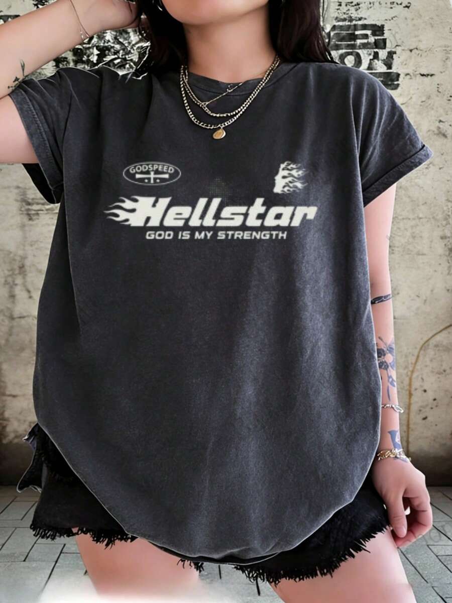 Hellstars Godspeed God Is My Strength Retro Washed Print Round Neck Short Sleeve T-Shirt, 230g 100% Cotton T-Shirt, Summer Clothes, Women's Tops, Casual And Comfortable, Fashionable Graphic Tee, Unisex Style - Black - View 1
