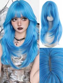 Synthetic Long Straight High Level Wig Light Blue With Cosplay Wig With Bangs For Women Natural Hair Heat Resistant Fiber - Multicolor - View 2