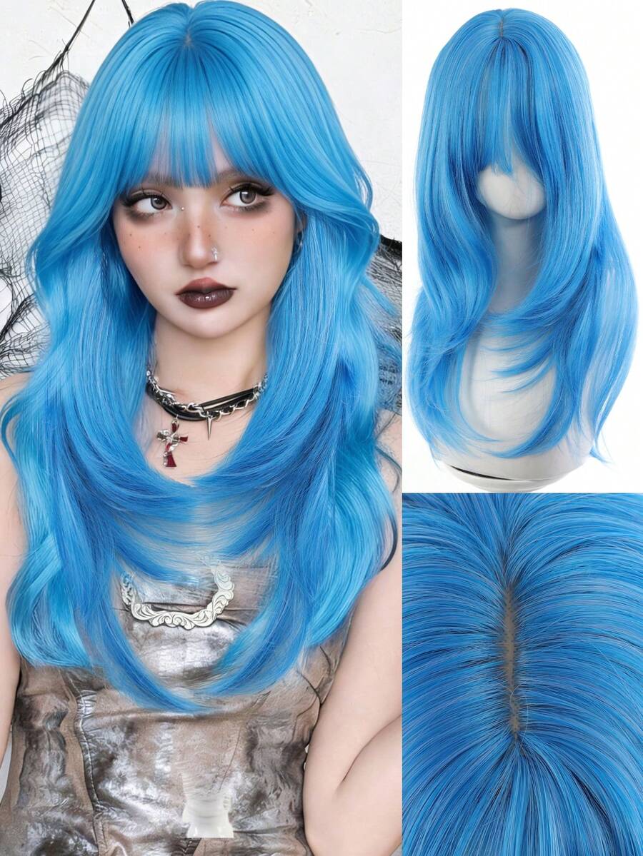 Synthetic Long Straight High Level Wig Light Blue With Cosplay Wig With Bangs For Women Natural Hair Heat Resistant Fiber