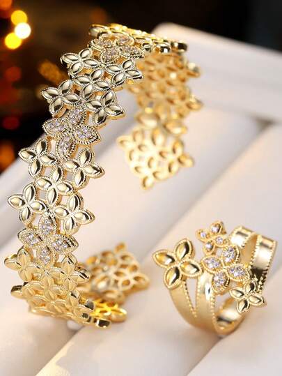 2件套镂空花卉优雅小巧合成锆石奢华百搭手链戒指套装，适合女性日常佩戴及作为礼物