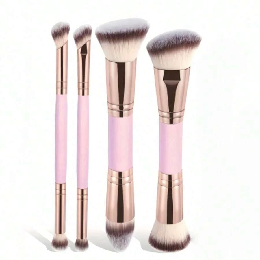 Set de 4 piezas de brochas de maquillaje de doble punta de tamaño grande, brocha de base suave, brocha de contorno, brocha de polvo - Multicolor - Ver 1