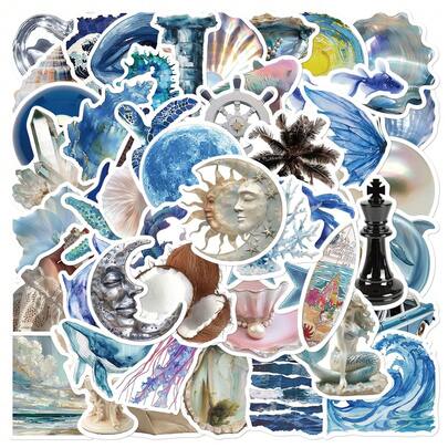 50pcs Silver Blue Ocean Style Stickers Handbook Laptop Cell Phone Case Guitar Decorative Stickers