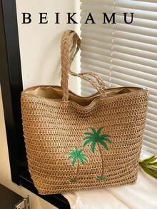 BEIKAMU New Woven Coconut Tree Tote Bag, Large Capacity Handbag Shoulder Bag, Casual Vacation & Commute Style For Women - Khaki - View 4