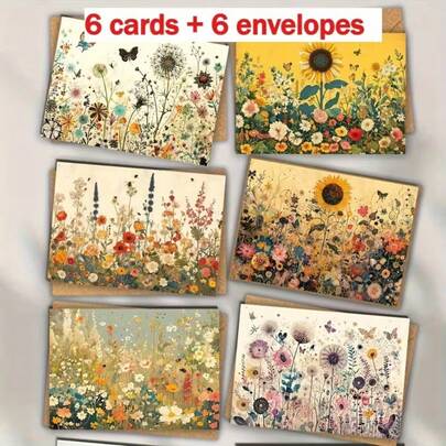 6pcs Watercolor Style Holiday Wreath Greeting Cards Set, Includes Various Patterns With Envelopes. This Set Contains Blessing Cards, Birthday Cards And Letter Writing Cards.