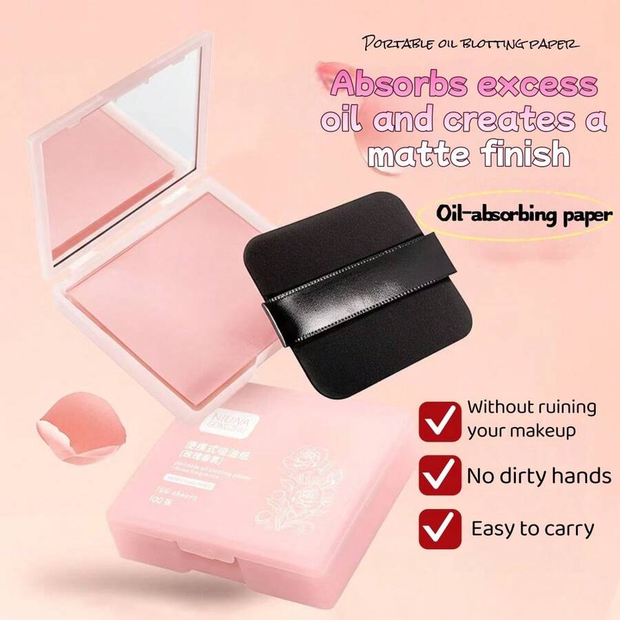 Portable Puff Oil Blotting Paper With Mirror, Rose Fragrance Oil Absorbing Sheets, Face Oil Control & Makeup Touch Up Kit - Pink - View 1