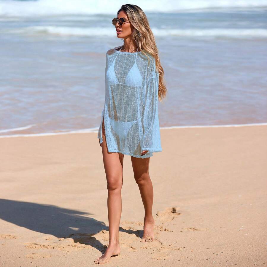 Hollow-Out Glitter Woven Snowflake Embellished 2026 Cross-Border Beach Dress, Sun Protection Clothing, Off-Shoulder Bikini Cover-Up - màu xanh da trời - Xem 1