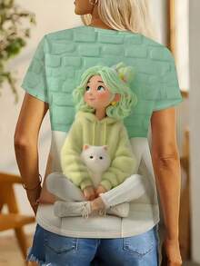 女士夏季休闲圆领短袖简约T恤 - 彩色 - 查看 4