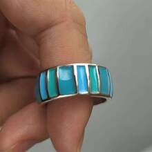 New Arrival Silver Handmade Artist Painting Ring, Memorial Ring, Gift Ring, Bohemian Style Wide Band Ring - Blue - View 12