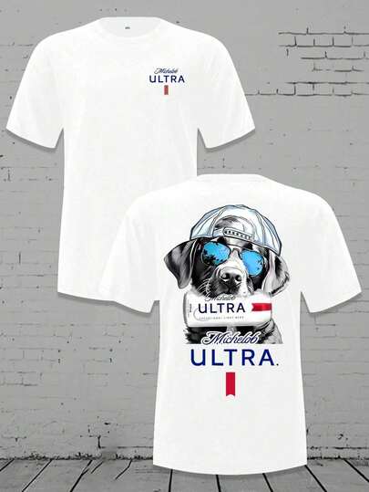 Men's Loose Crewneck T - Shirt - Michelob Ultra Cool Dog (Sunglasses & Cap) Graphic, 220g Soft Cotton Tee,Mens Clothes,Graphic T,Vintage Polo Graphic Tees,Graphic T Shirt