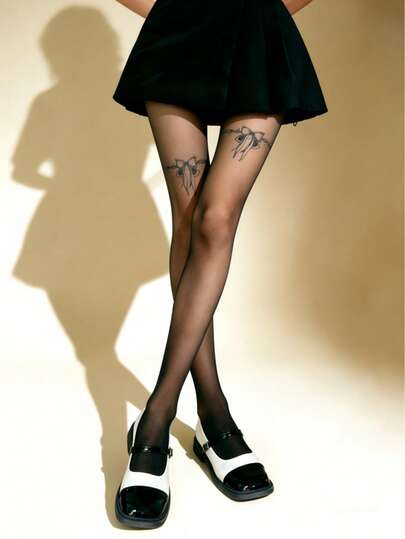 1 Pair Women's Bow Print Pantyhose, Slimming, Comfortable, Fashionable, Sexy And Unique, Perfect For Daily Wear, Office Commuting And Outings