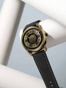 1pc Men's Watch, Retro Roman Numeral Dial Quartz Waterproof Wristwatch, Unique Magnetic Levitation Technology, Leather & Steel Strap, Suitable For Gifts And Daily Wear - Bronze Dial and Leather Strap - View 7