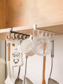 1 pieza/Blanco/Negro Riel colgante multifuncional de 6 ganchos sin taladro, ganchos para armario, ganchos de cocina sin taladro, estante de ganchos adhesivos, estante de utensilios de cocina estilo riel, estante colgante de ollas - Multicolor - Ver 6