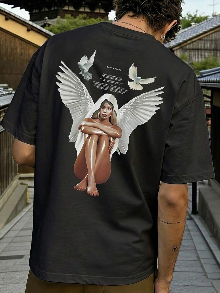 FRACTYR Men's Summer Casual Street Fashion Sacred Angel Goddess Double-Sided Print Loose Fit Round Neck Short Sleeve T-Shirt - Black - View 1