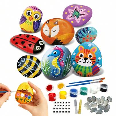 儿童创意绘画套装 - DIY涂鸦鹅卵石绘画及手工制作，包含8颗鹅卵石、6种颜料、彩色笔、卡通动物眼睛配件，是一款能提升儿童创造力和动手能力的艺术手工玩具，适合派对游戏、课堂奖励和节日礼物。