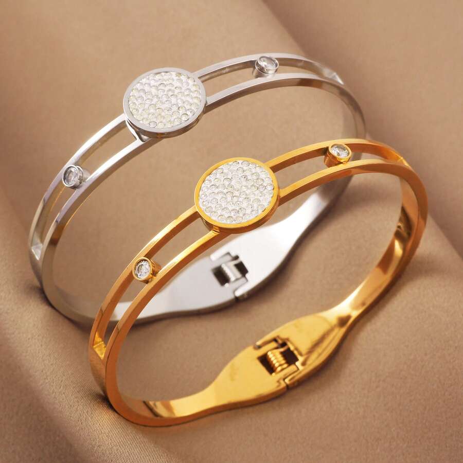 1 pieza Brazalete de acero inoxidable con cierre decorado con circonita cúbica de forma redonda, adecuado para uso diario de mujeres - pulsera - Ver 1
