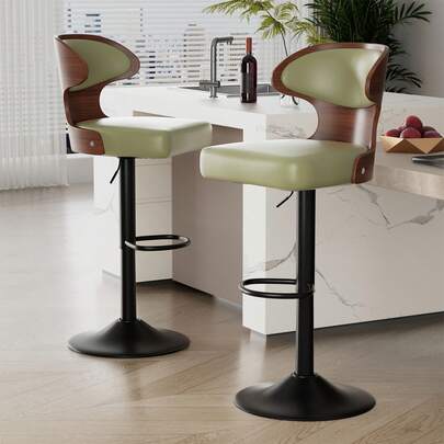 Nalupatio Bar Stools Set Of 2, Adjustable Height Swivel Barstools 62-85cm, Bentwood Design With Backrest & Footrest, PU Leather Upholstered Breakfast Bar Stools, Available In Black/Green/Brown/White, 360° Swivel Function, Ergonomic Seat With Soft Cushion, Sturdy Metal Frame, 550lbs Weight Capacity, Anti-Scratch Floor Protection, Versatile For Kitchen Island, Dining Room, Home Bar, Cafe, Easy Assembly Modern Bar Chairs
