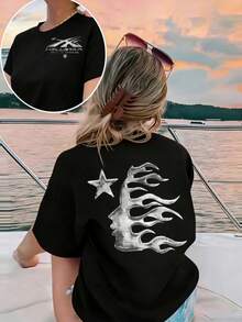 Plus Size Hellstars Metallic Fire Hair Star Path To Paradise Vintage Washed T-Shirt Double Sided Printed (220g 100% Cotton T-Shirt),Summer Clothes, Women's Tops, Casual And Comfortable, Fashionable Graphic Tee, Unisex Style - 黑色 - 查看 1