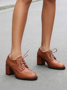 Women's Lace Up Brogue Oxfords Pumps Fashion Mixed Colors Patchwork Chunky Heels Round Toe Formal Dress British Style Shoes Woman - 棕色 - 查看 3