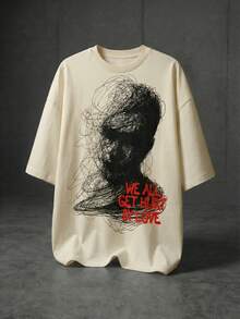 Men's Summer Street Fashion Graffiti Figure & Letter Print T-Shirt, Beige - Apricot - View 4