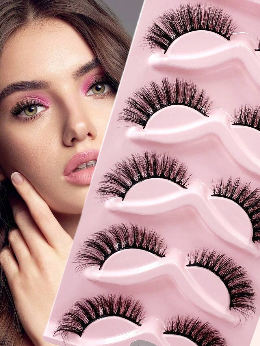ENCHUW 5 pares de pestañas postizas de ojo de gato, pestañas falsas de visón 3D rizadas y esponjosas, aspecto natural y dramático, con extremos desordenados, banda suave de estilo de dibujos animados - Negro - Ver 1