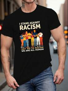 Men's - T-Shirt - I Stand Against  & Awareness - Unity Symbol With Multicultural Hands - Black & Golden Slogan Print - Casual Round Neck Tee For Protest, Casual Attire & Social Justice Advocacy - 黑色 - 查看 1