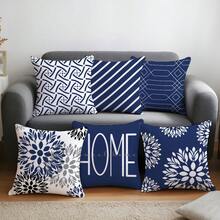 Bộ 6 vỏ gối trang trí tối giản màu xanh dương với họa tiết hình học và hoa văn, in một mặt trên chất liệu nhung màu đào, kích thước 45*45/50*50/40*40CM, phù hợp cho trang trí phòng khách theo phong cách tối giản hiện đại, làm quà tặng hoặc trang trí tiệc. - 6 cái - Màu xanh dương - Xem 9