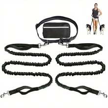 Hands-Free Dog Leash With Reflective Waist Pouch, Retractable Elastic Pet Leash For Running, Walking, Jogging - Multicolor - View 2