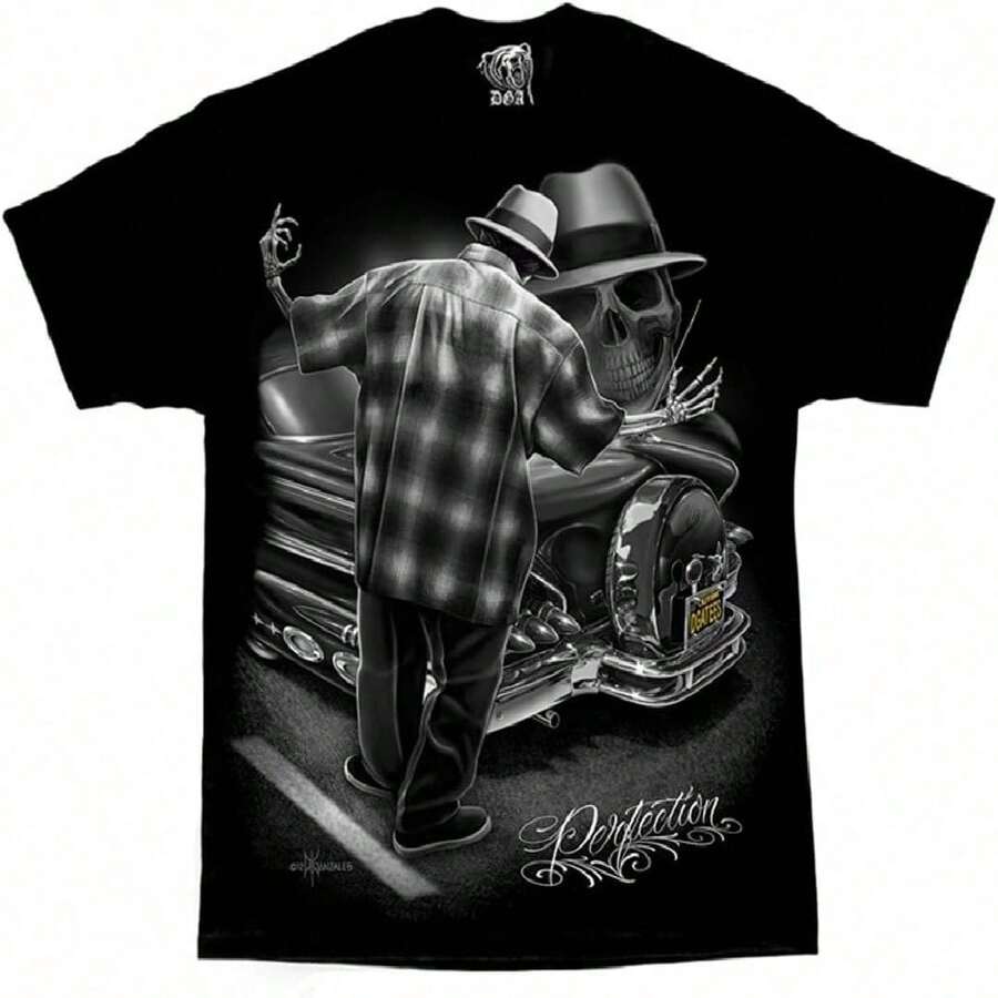 David Gonzales Mens Perfection Lowrider Gangster Homies Skeleton DGA Art T Shirt - 黑色 - 查看 1