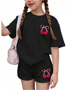 Girls 2 Piece Summer Outfit Cherry Bow Graphic Tee & Shorts Set Cute Casual Outfits - 黑色 - 查看 1