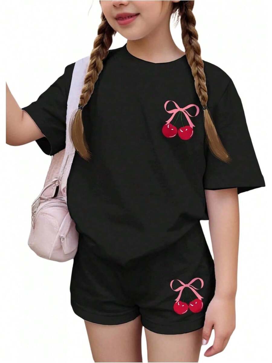Girls 2 Piece Summer Outfit Cherry Bow Graphic Tee & Shorts Set Cute Casual Outfits - 黑色 - 查看 1