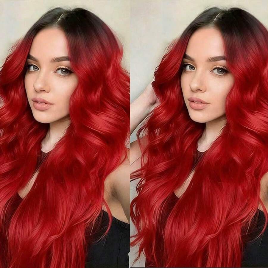 24英寸长卷曲渐变红色假发，充满活力的波浪形合成假发，深色发根，适合派对、角色扮演和日常造型 - 紅色 - 查看 1