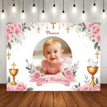 Painel de Bottom Personalizável, Tema da Minha Primeira Comunhão Batismo, Glitter Dourado, Rosas Rosas, Decoração de Cruz e Cálice Dourados, Adequado para Aniversário, Casamento, Chá de Bebê e Outras Decorações de Festa com Tema, Bottom de Fotografia - Multicolorido - Visão 2