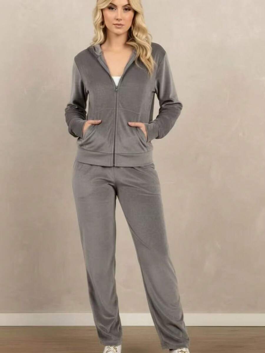 Velvet Plush Set/Women's Zipper/Hood - 淺灰色 - 查看 1