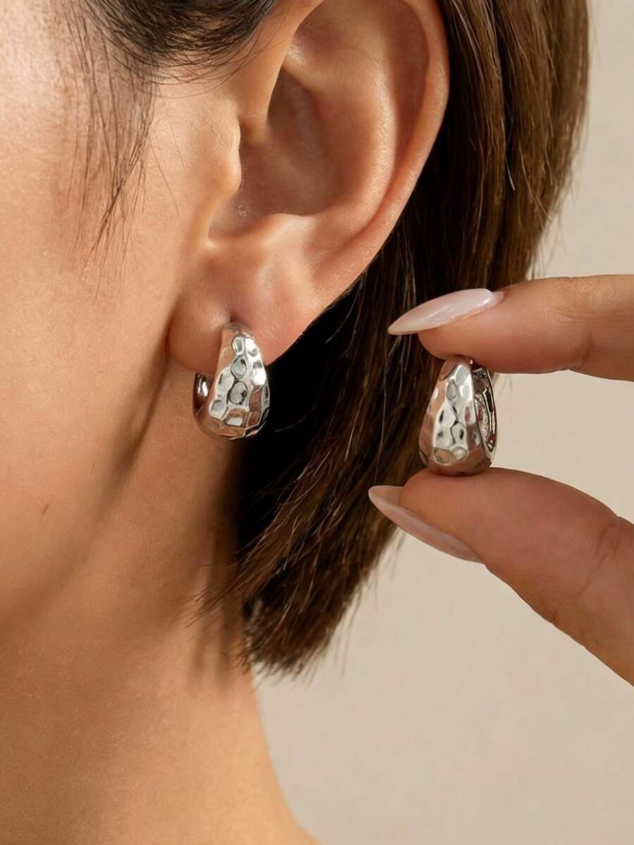 1 Đôi bông tai bạc hình giọt nước bất đối xứng, thiết kế kim loại có vân, phong cách tối giản, thanh lịch, tinh tế, phù hợp để đeo hàng ngày, độc đáo, cao cấp và thời trang. - Nhiều màu - Xem 1