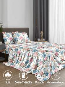 4pcs Vintage Peony Floral Bedding Set, Easy Care Super Soft Microfiber Bedding Set (1pc Flat Sheet + 1pc Fitted Sheet + 2pcs Pillowcases), Fitted Sheet Fits King, Queen, Full & Double Beds, 11.8" Deep Pillowcases, Soft & Breathable, Hotel Luxury Style - Multicolor - View 4