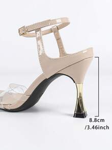 Jin Bei Qi Damen High Heel Sandalen, geeignet für Frühling/Sommer Outdoor Reisen, Einkaufen, Partys, Valentinstag Geschenk, Date Night, modisch elegante Bankette. Transparenter PVC Riemen Design, glänzende apricotfarbene Optik, quadratische Zehenform, 9cm Metallabsatz in Weinglas-Optik, verstellbarer Knöchelriemen, passend zu Anzügen, Kleidern, Jeans - Aprikosenfarben - Übersicht 3