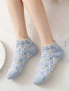 5 Pairs Women's Vintage Floral Socks, Short Crew Socks, Low Cut, Spring/Summer Thin Style, Japanese Fresh Ins Style - Multicolor - View 5
