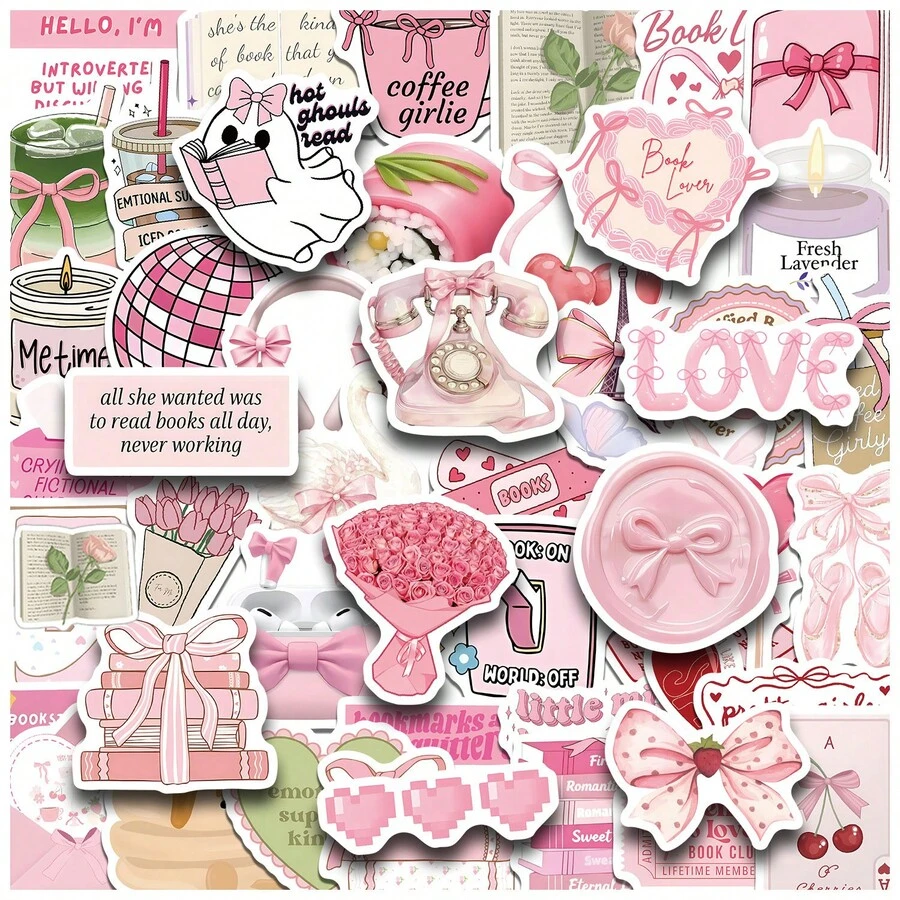 50张粉色阅读贴纸，可爱卡通剪贴簿美学贴纸套装，趣味书籍贴纸，书籍主题贴纸，头盔贴纸，越野摩托车贴纸，乙烯基防水贴纸，适用于水瓶、电脑、笔记本电脑、手机、行李箱、笔记本、冰箱等。